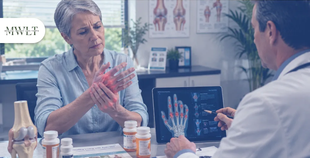 Doctor explaining arthritis medication options to patient experiencing hand pain and inflammation