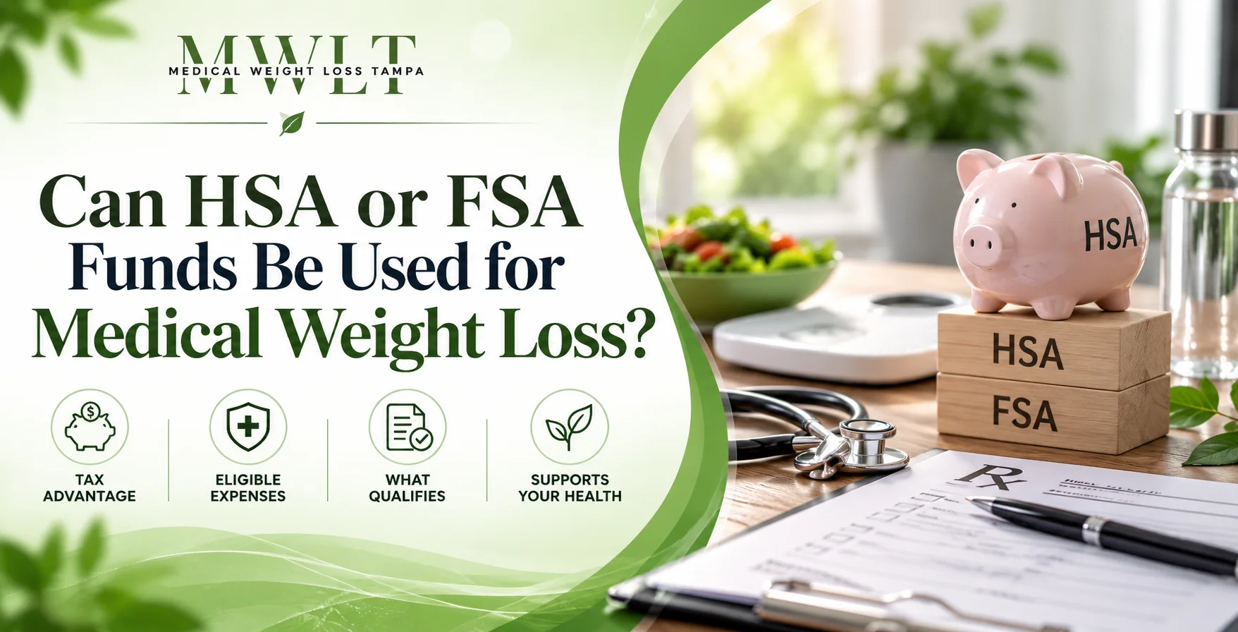 Piggy bank labeled HSA on wooden blocks marked HSA and FSA next to a stethoscope, prescription pad, and medical weight loss Tampa logo.