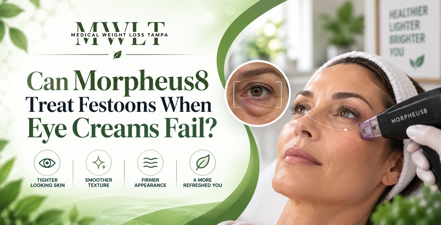 Can Morpheus8 Treat Festoons When Eye Creams Fail Woman receiving a Morpheus8 treatment under her eyes at Medical Weight Loss Tampa to treat festoons.