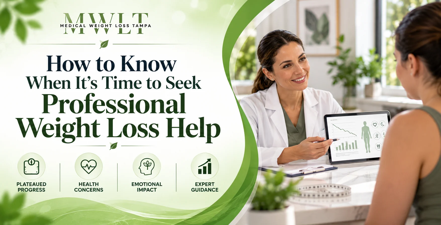 Female doctor showing weight loss progress on a digital tablet to a patient during a consultation at Medical Weight Loss Tampa.