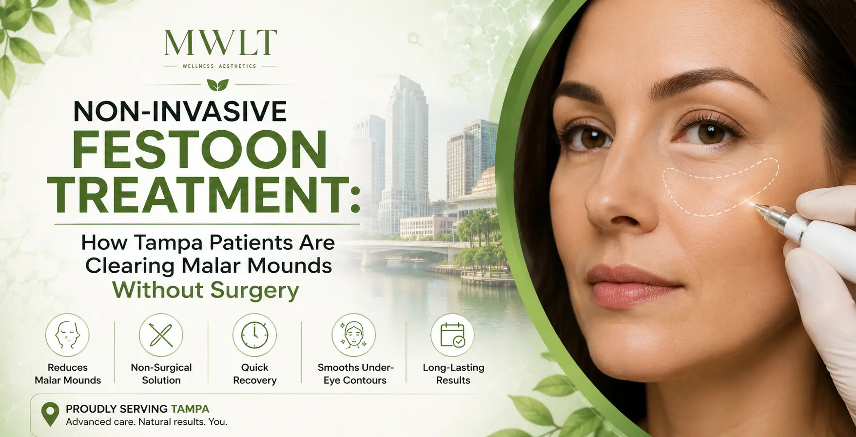 Non-invasive festoon treatment graphic showing a woman receiving a cosmetic treatment beneath the eye area in Tampa.