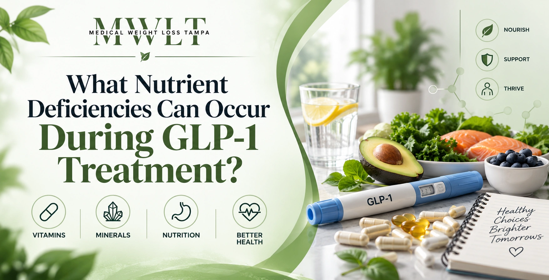 Nutrient Deficiencies During GLP-1 Weight Loss Treatment GLP-1 injection pen surrounded by vitamin capsules, avocado, fresh salmon, and greens on a kitchen counter.