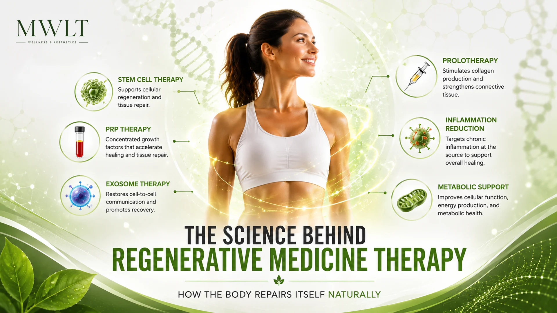 Woman representing regenerative medicine therapy with visuals for stem cell therapy, PRP, exosomes, prolotherapy, and natural healing.