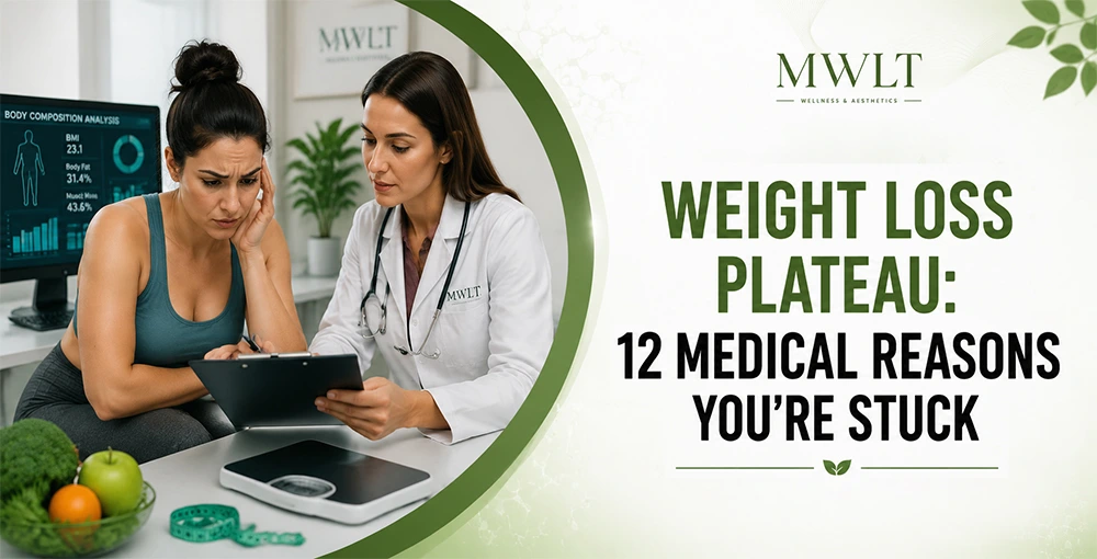 Weight Loss Plateau: 12 Medical Reasons You're Stuck Doctor consulting with a patient about a weight loss plateau, explaining medical reasons that may be preventing successful weight loss progress.