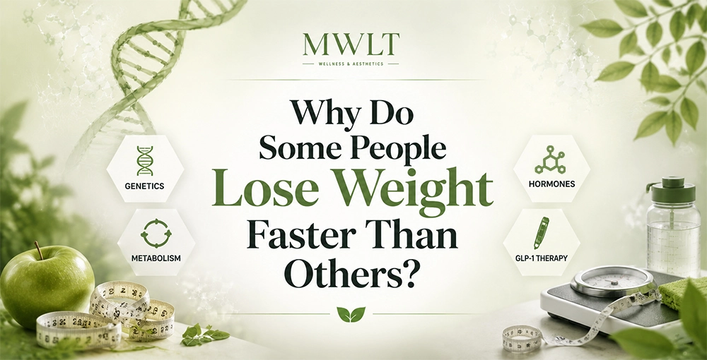 Why Do Some People Lose Weight Faster Than Others? Medical weight loss graphic showing genetics, metabolism, hormones, GLP-1 therapy, healthy nutrition, and wellness tools explaining why some people lose weight faster than others.